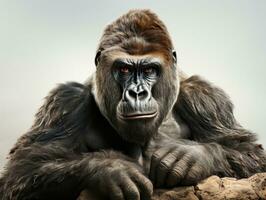 ritratto di un' occidentale pianura gorilla seduta su il roccia. ai generativo foto