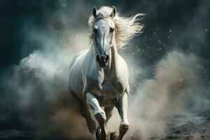 bianca arabo cavallo al galoppo nel polvere e Fumo su buio foresta, lato Visualizza. ai generativo foto
