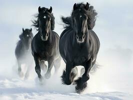 nero frisone cavalli in esecuzione nel il neve nel inverno. generativo foto