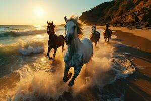 bellissimo cavalli in esecuzione su il spiaggia a tramonto. cavalli nel il mare. ai generativo foto