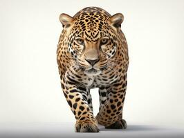 leopardo in piedi nel davanti di un' bianca sfondo e guardare a il telecamera ai generativo foto