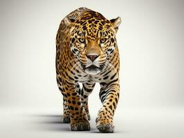 leopardo in piedi nel davanti di un' bianca sfondo e guardare a il telecamera ai generativo foto