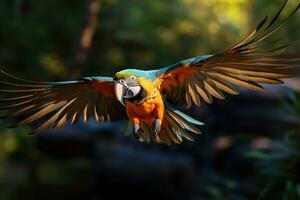 bellissimo scarlatto ara pappagallo nel il foresta. avvicinamento. ai generativo foto