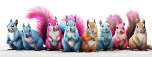 3d interpretazione di un' gruppo di colorato carino scoiattoli isolato su bianca sfondo ai generativo foto