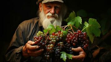 vecchio uomo con lungo grigio barba, baffi e baffi seduta su di legno tavolo con mazzo di uva nel vigneto a tramonto. ai generativo foto