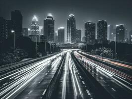 il leggero sentieri su il moderno edificio sfondo. piovoso città strada a notte con leggero sentieri e bokeh. ai generativo foto