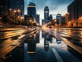 il leggero sentieri su il moderno edificio sfondo. piovoso città strada a notte con leggero sentieri e bokeh. ai generativo foto