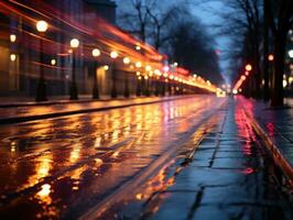 il leggero sentieri su il moderno edificio sfondo. piovoso città strada a notte con leggero sentieri e bokeh. ai generativo foto