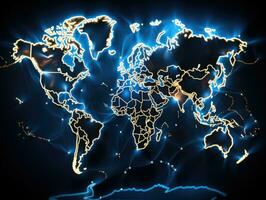 carta geografica di il mondo con raggiante Linee su buio sfondo. 3d resa. ai generativo foto