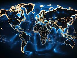 carta geografica di il mondo con raggiante Linee su buio sfondo. 3d resa. ai generativo foto