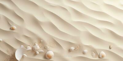 aereo Visualizza di bellissimo tropicale spiaggia con bianca sabbia e mare conchiglie. spiaggia sabbia sfondo con conchiglie e sabbia. superiore Visualizza. ai generativo foto