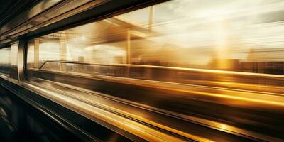 movimento sfocatura di un' treno in movimento attraverso il sabbia dune a tramonto. ai generativo foto