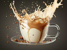 tazza di caffè, cioccolato latte, caramello con latte spruzzo su buio sfondo, avvicinamento. ai generativo foto