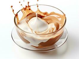 tazza di caffè, cioccolato latte, caramello con latte spruzzo su bianca sfondo, avvicinamento. ai generativo foto
