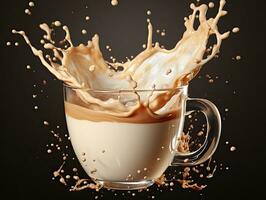 tazza di caffè, cioccolato latte, caramello con latte spruzzo su buio sfondo, avvicinamento. ai generativo foto