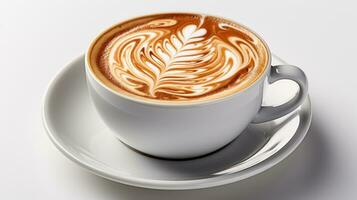 caffè tazza con latte macchiato arte su un' bianca sfondo. foto