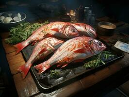 fresco pesce con Limone e rosmarino su di legno asse, avvicinamento. fresco crudo rosso dentice pesce con rosmarino e aglio su di legno tavolo. ai generativo foto