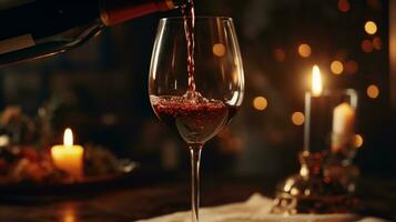 scrosciante rosso vino a partire dal bottiglia in bicchiere su un' tavolo nel il romantico e lusso ristorante. sbavato sfondo, avvicinamento. ai generativo foto