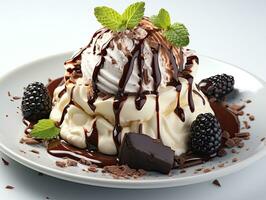 cioccolato torta con frutti di bosco su un' bianca sfondo. 3d resa. ai generativo foto