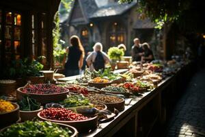 strada mercato con fresco frutta e verdure nel il vecchio cittadina di Bali, Indonesia. ai generativo foto