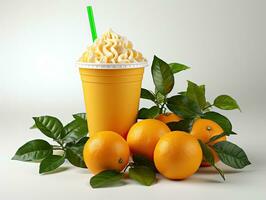 arancia frullato nel un' carta tazza con verde le foglie su un' bianca sfondo. ai generativo foto