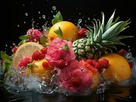 frutta spruzzi in acqua su un' nero sfondo. misto frutta. ai generativo foto