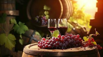 ancora vita con rosso vino, uva e vecchio barile su di legno sfondo. ai generativo foto