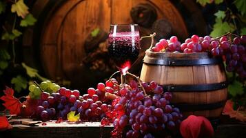 ancora vita con rosso vino, uva e vecchio barile su di legno sfondo. ai generativo foto