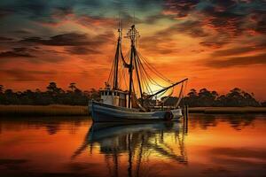 pesca barca su il acqua a tramonto con un' riflessione nel acqua e un' bellissimo cielo. drammatico cielo e bellissimo natura sfondo., meraviglioso paesaggio marino. foto