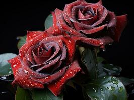 mazzo di rosso Rose con acqua gocce su un' nero sfondo. San Valentino giorno. ai generato foto