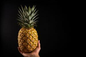 mano hold fresco ananas isolato su un' nero sfondo con copia spazio. ai generato foto