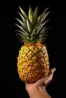 mano hold fresco ananas isolato su un' nero sfondo. ai generato foto