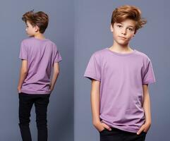 davanti e indietro visualizzazioni di un' poco ragazzo indossare un' viola maglietta. ai generato foto