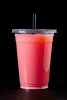 rosa bevanda nel plastica tazza isolato su nero sfondo. prendere lontano bevande concetto. ai generato foto