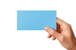 un' umano mano Tenere un' vuoto foglio di blu carta o carta isolato su bianca sfondo. ai generato foto