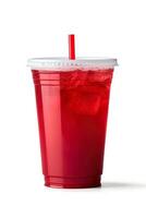 rosso bevanda nel un' plastica tazza isolato su un' bianca sfondo. prendere lontano bevande concetto. ai generato foto