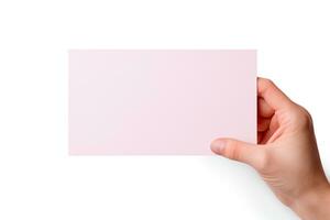 un' umano mano Tenere un' vuoto foglio di rosa carta o carta isolato su un' bianca sfondo. ai generato foto