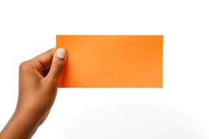 un' umano mano Tenere un' vuoto foglio di arancia carta o carta isolato su un' bianca sfondo. ai generato foto