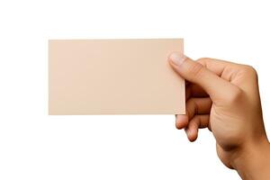 un' umano mano Tenere un' vuoto foglio di beige carta o carta isolato su un' bianca sfondo. ai generato foto