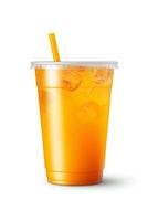 arancia colore bevanda nel un' plastica tazza isolato su un' bianca sfondo. prendere lontano bevande concetto. ai generato foto