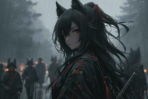 ai generativo samurai assassini ragazza con luminosa occhi nel anime stile foto