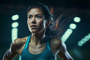 ai generativo determinato asiatico femmina atleta nel azione a un' gli sport arena sotto vivace stadio luci foto