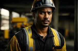 ai generativo ritratto di costruzione lavoratore, pompiere con giallo casco foto