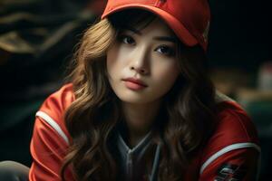 ai generativo bellissimo asiatico baseball ragazza figura nel casuale attrezzatura foto