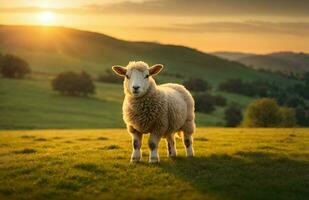 ai generativo pecora in piedi su verde prato a tramonto, sfondo, animale bandiera con copia spazio testo foto