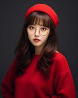 ai generativo bellissimo asiatico ragazza indossare rosso maglione bicchieri e cappello foto