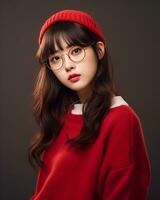 ai generativo bellissimo asiatico ragazza indossare rosso maglione bicchieri e cappello foto