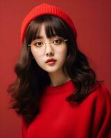 ai generativo bellissimo asiatico ragazza indossare rosso maglione bicchieri e cappello foto