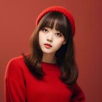 ai generativo bellissimo asiatico ragazza indossare rosso maglione bicchieri e cappello foto