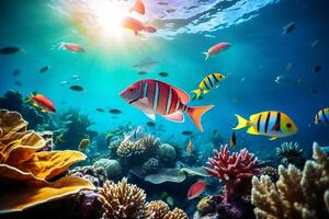 ai generativo di un' scuola di colorato pesce nuoto in giro un' corallo scogliera foto